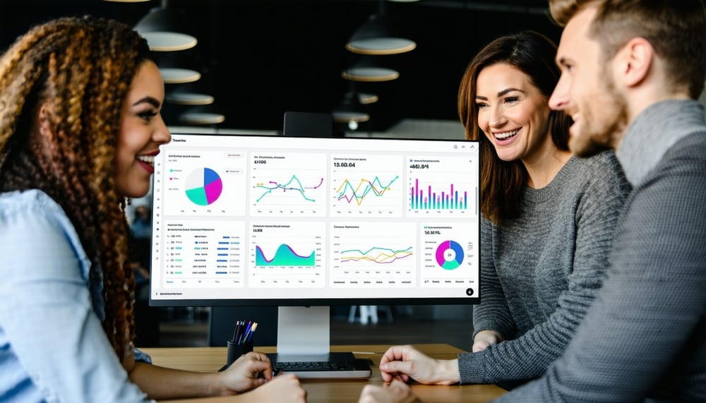 B2B marketing team collaborating with analytics dashboard B2B marketing team collaborating with analytics dashboard